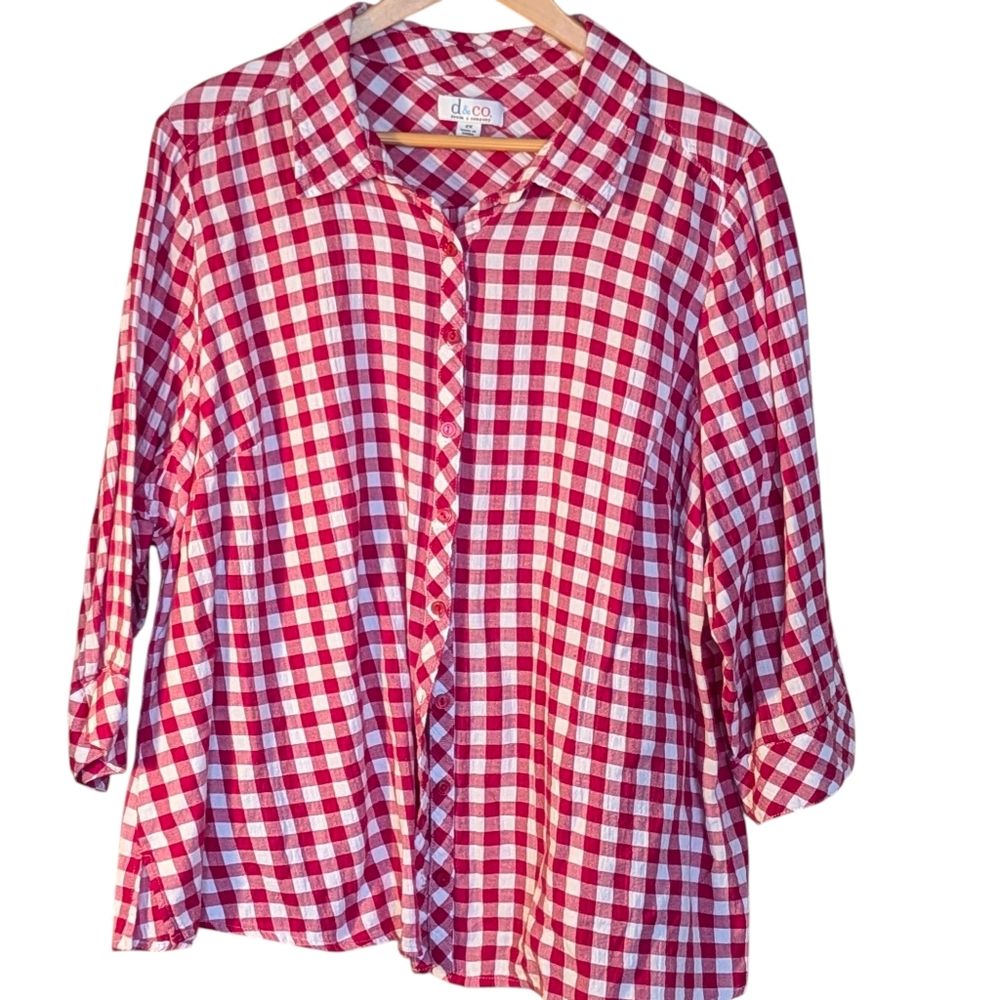 Red Gingham Check Button Up Blouse D & Co. 2X Cotton Country Cottagecore Cowgirl